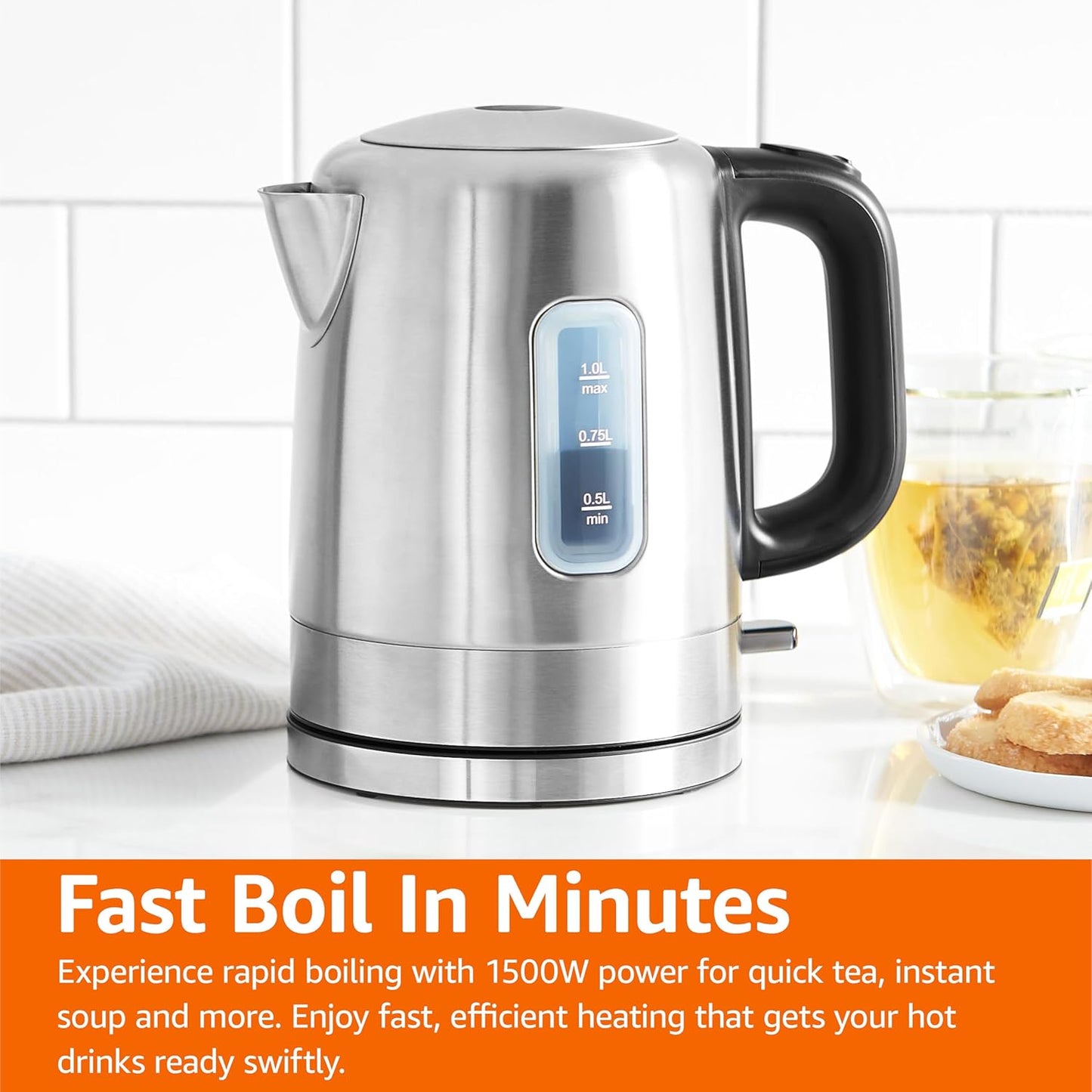 Amazon Basics Electric Stainless Steel Kettle for Tea and Coffee, BPA-