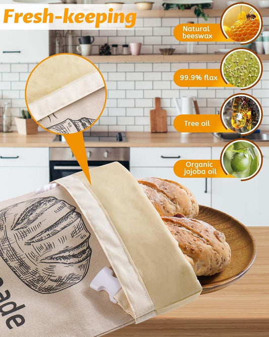 2 Pack Beeswax Bread Bags for Sourdough,Reusable Organic Linen Beeswax Bread Bag for Homemade Sourdough 17 x 12.6 Inches Food Storage Cloth Bag – Freezer-Friendly & Freshness Preservation (Beeswax) | Homemade
