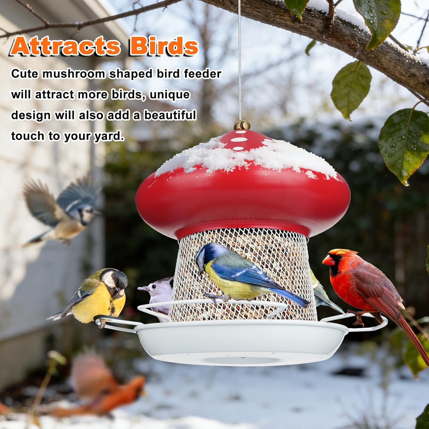 Bird Feeder, Heavy Duty Metal Bird Feeders for Outdoor Hanging, Cute Mushroom Shape 3.5 LB Large Capacity Wild Birdfeeder for Outside Garden Yard (Red)