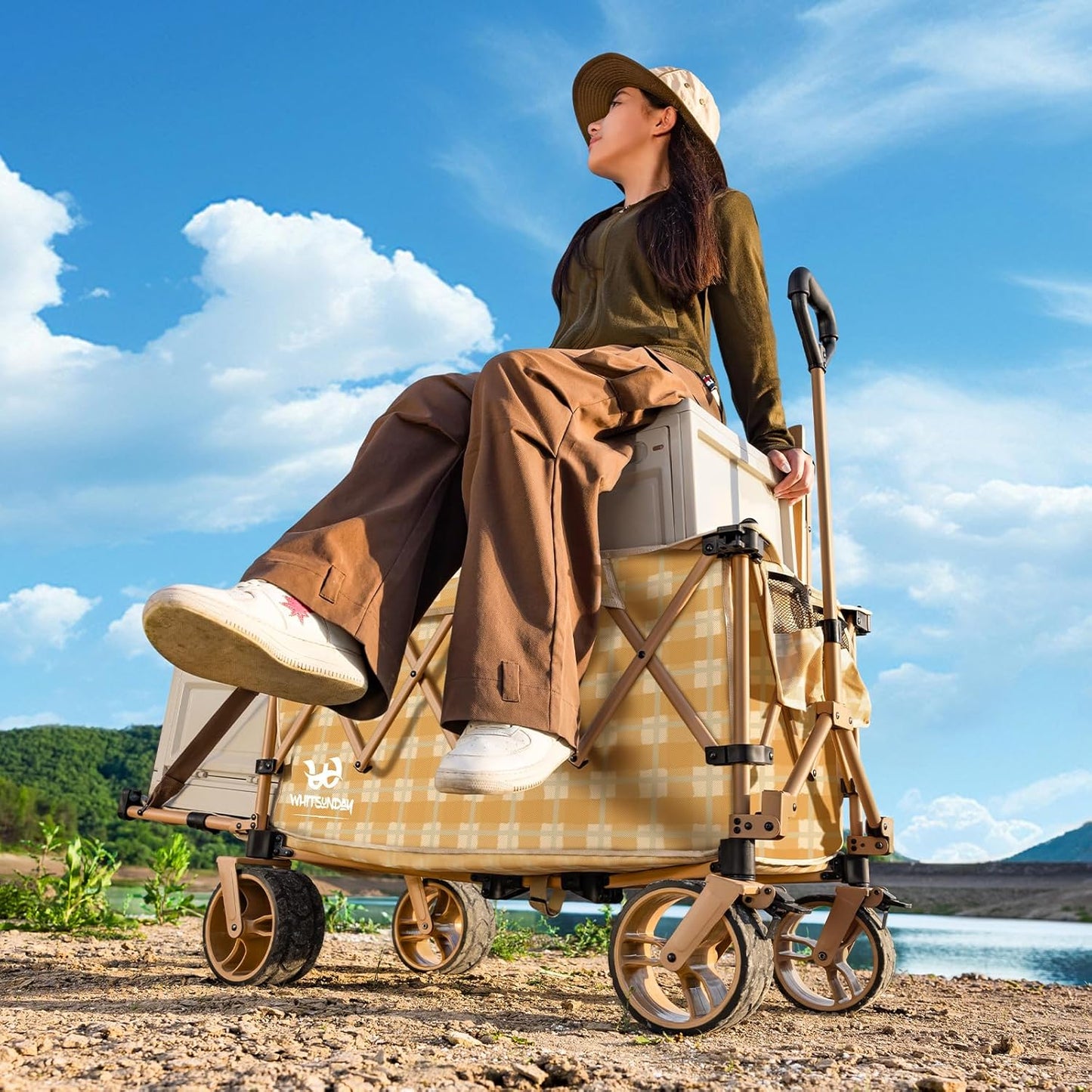 WHITSUNDAY Collapsible Folding Wagon with Table, Heavy Duty Utility Beach Wagons with All-Terrain Wheels for Camping,Garden,Sports Yellow