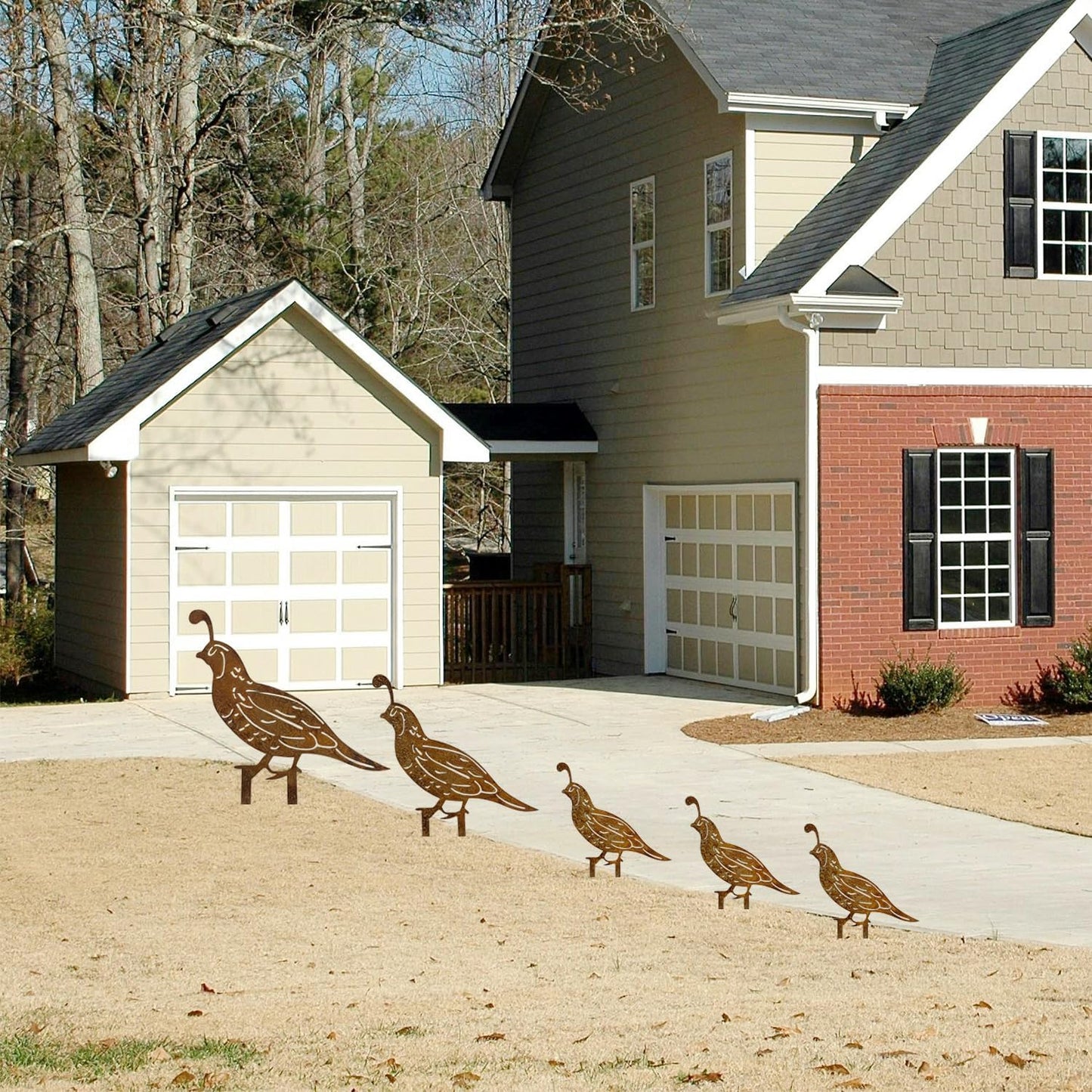 5PCS Rusty Quail Family Decorative Garden Stakes, Metal Birds Yard Dec