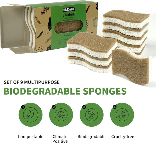 9 Pack Biodegradable Natural Kitchen Sponge - Compostable Cellulose an