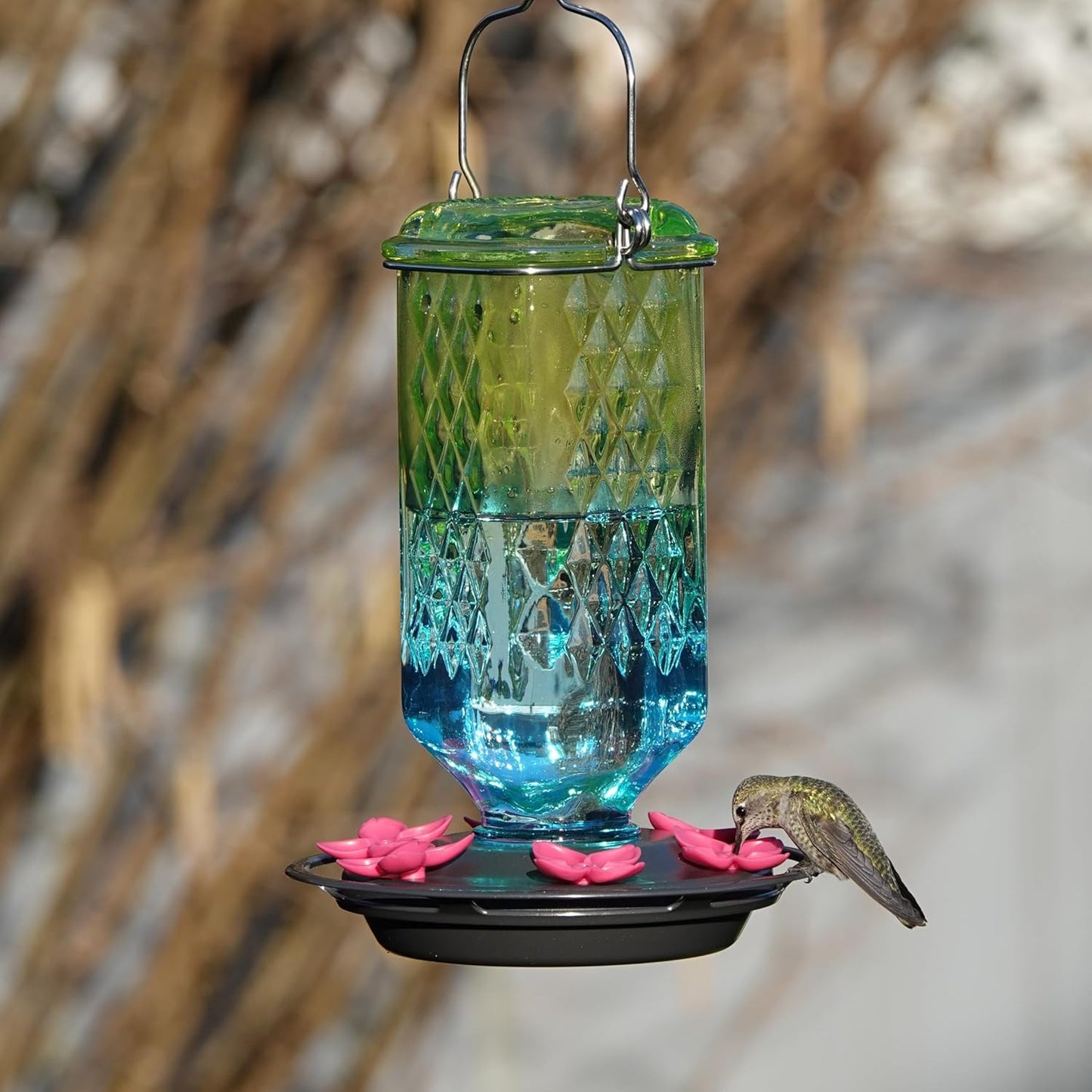 Seafoam Ombre Column Gravity Glass Hummingbird Feeder for Outdoor Décor, 23 oz Nectar Feeder with 6 Flexible Flower Ports, Continuous Perch Ring & Easy-Clean Two-Part Base, Bee-Resistant Design