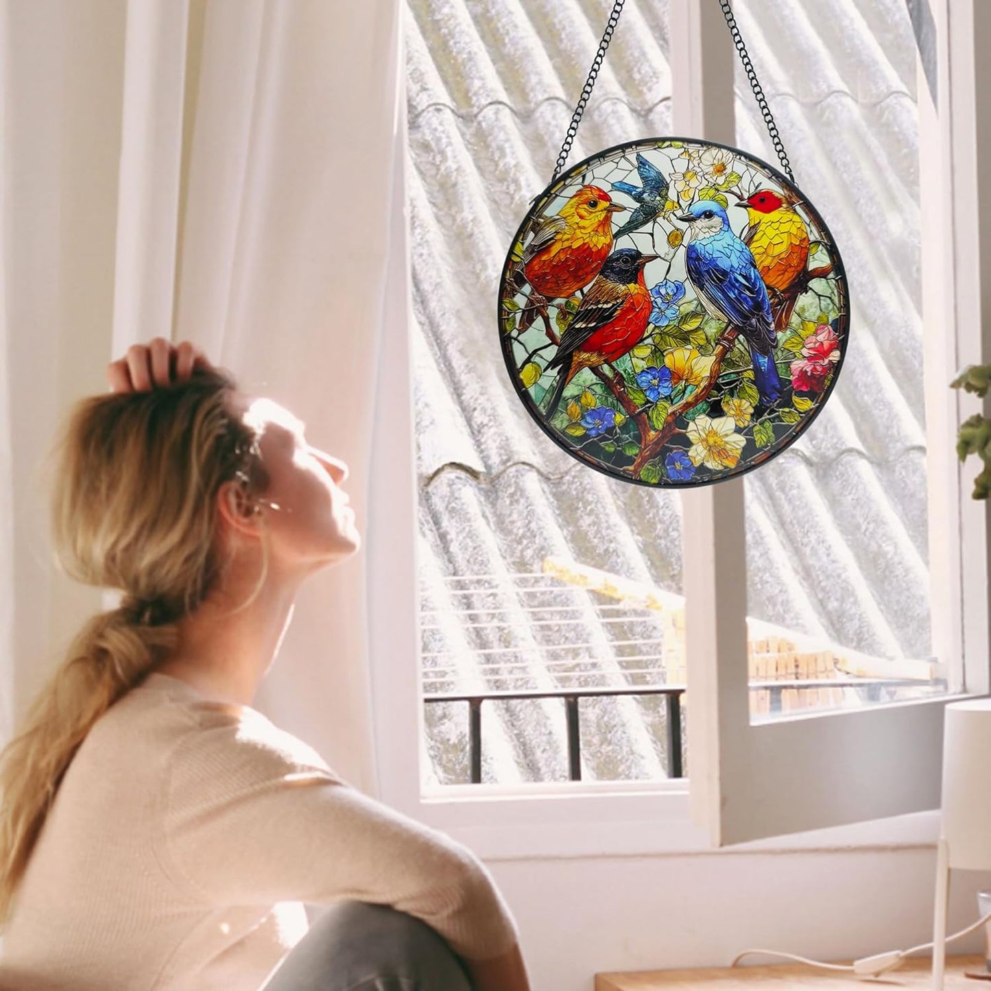 Birds on a Branch Stained Suncatcher for Windows Hanging, 7.8'' Animal Flower Scenery Stained Glass Window Hanging Home Garden Decor, Hand-Painted Glass Gifts for Birds Lovers, Mom