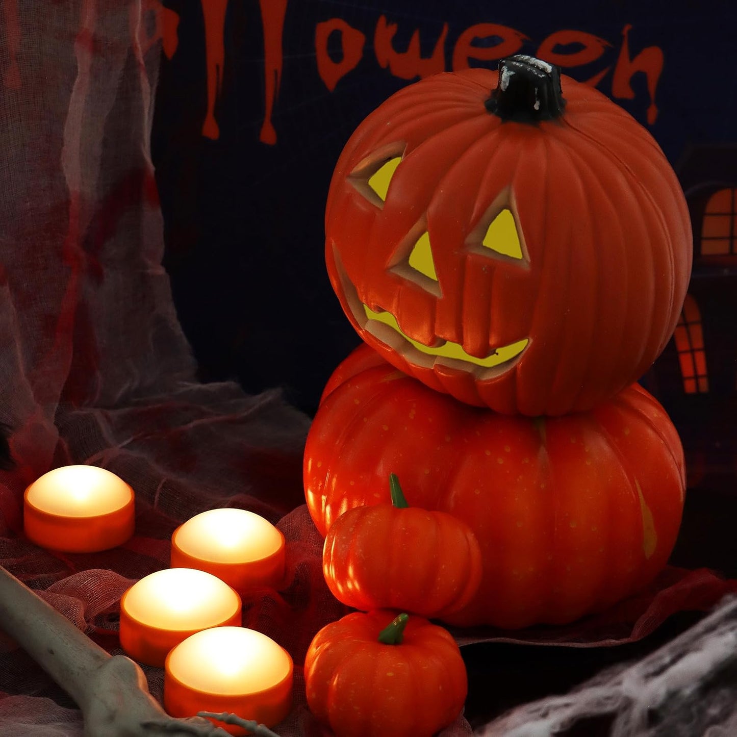 LED Pumpkin Lights with Remote and Timer, Battery Operated Bright Flickering Flameless Candles for Pumpkin Decor, Jack-O-Lantern Halloween Party Decorations,Orange Color, 4 Pack