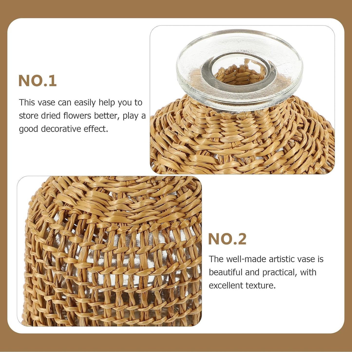 PRETYZOOM Woven Rattan Flower Vase with Glass Insert, Handcrafted Japanese Style Decorative Planter Pot for Home Décor, Living Room Table Centerpiece, Rustic Boho Plants Container