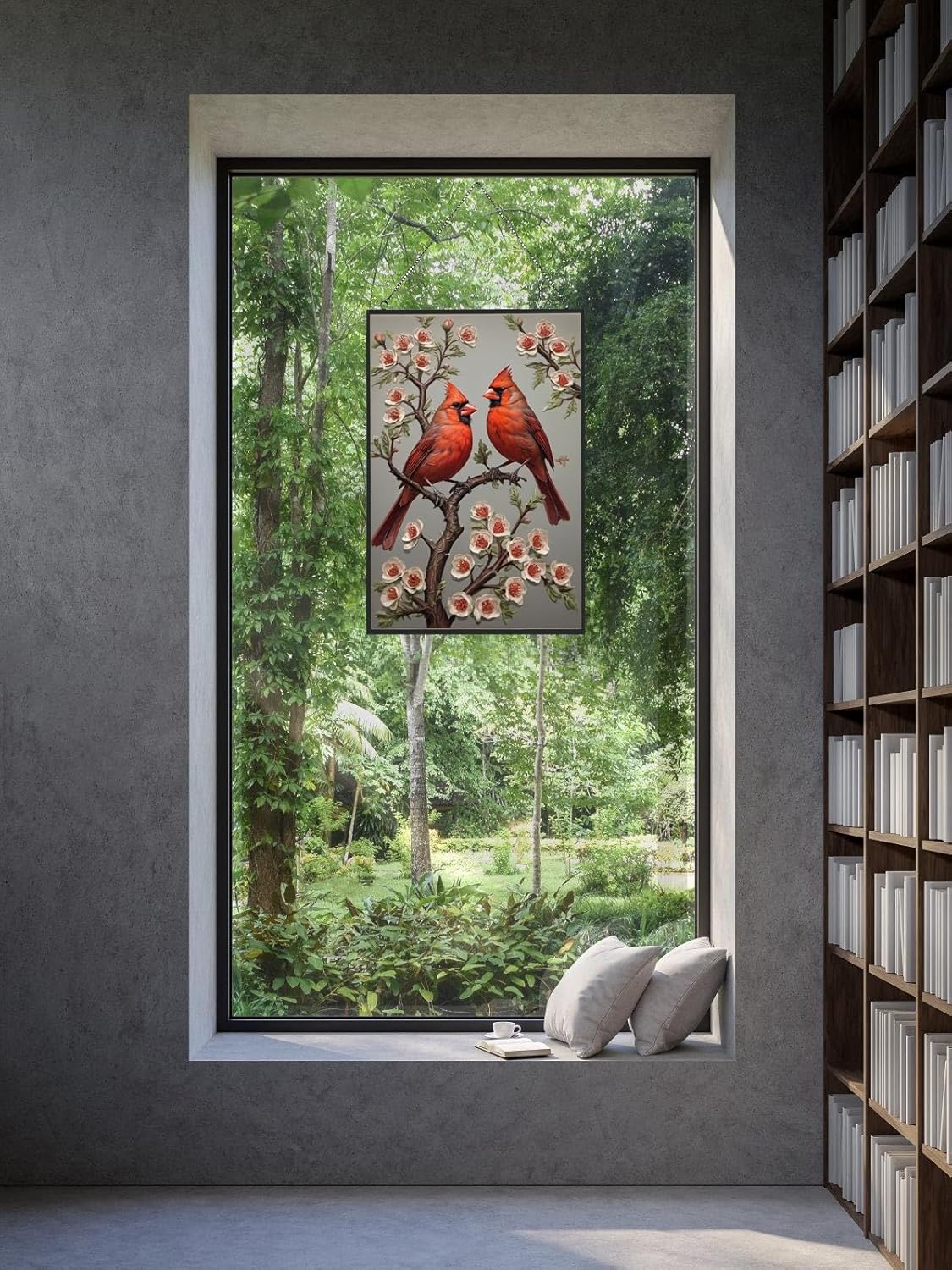 Large Stained Glass Window Hanging, Cardinal Suncatcher, Hand Painted Glass for Bird Lovers - Red Cardinal Memorial Gift for Women (10 x 15in)