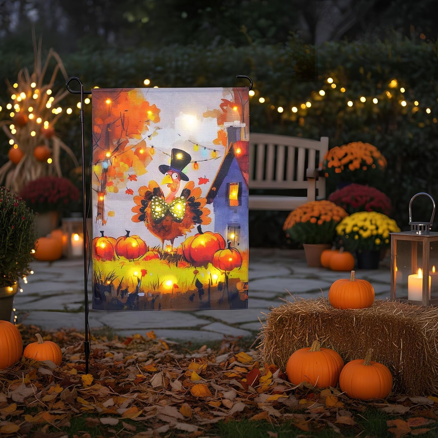 Thanksgiving Lighted Fall Garden Flag, Solar Outdoor Decorative Led Flags Yard Decor, 8 Lighting Modes Led Flag,12x18 Double Sided Turkey Pumpkin Halloween Decorations for Home Porch Outside