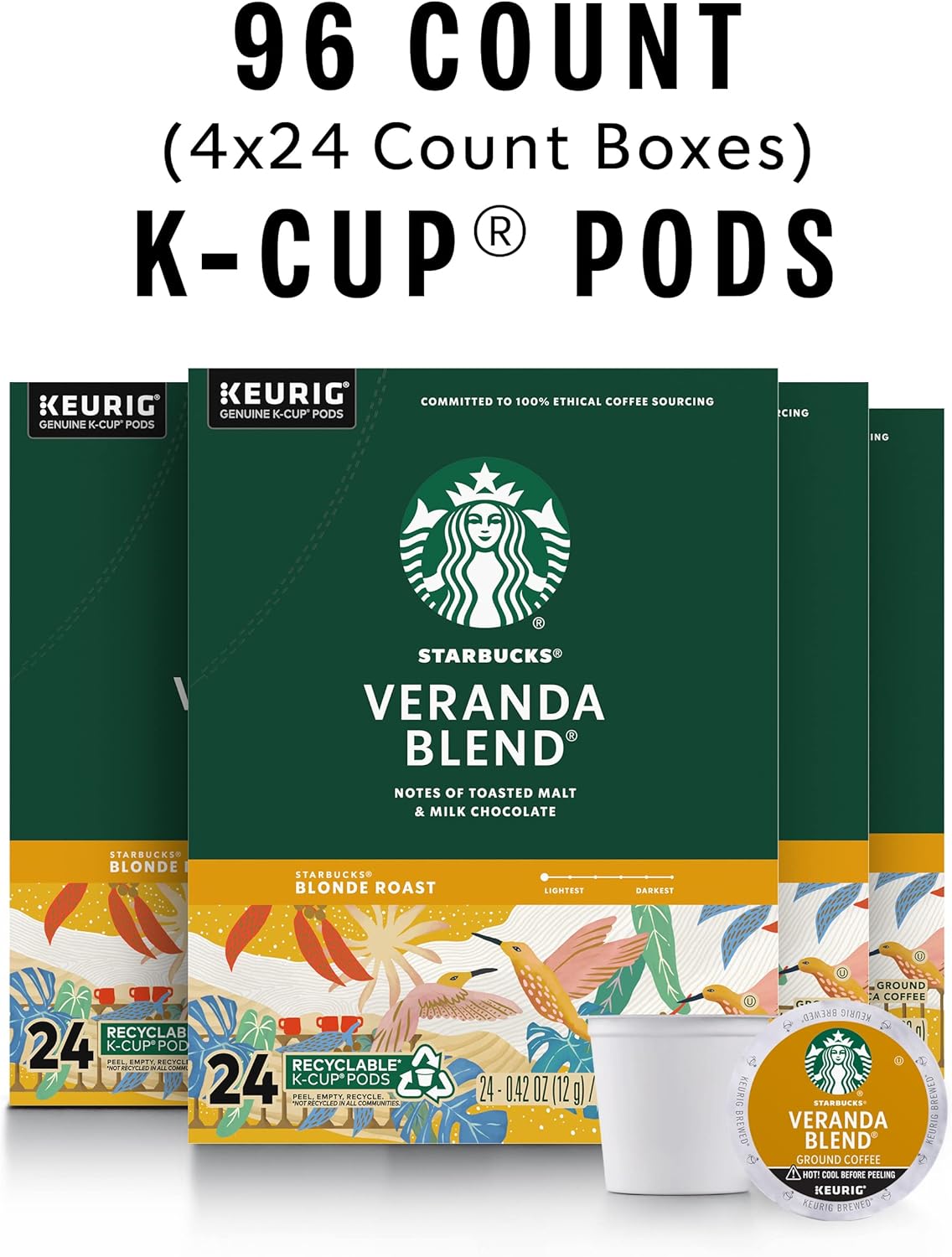 Starbucks K-Cup Coffee Pods, Starbucks Blonde Roast Hot or Iced Coffee, Veranda Blend, 96 Keurig Pods