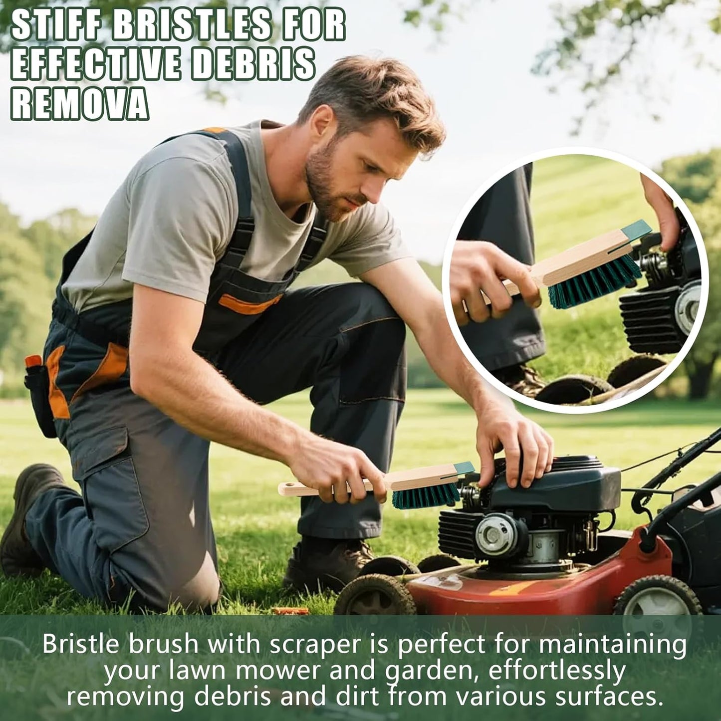 2PCS 12.3 Inch Lawn Mower Scrub Brush,Stiff Bristle Brush with Scraper