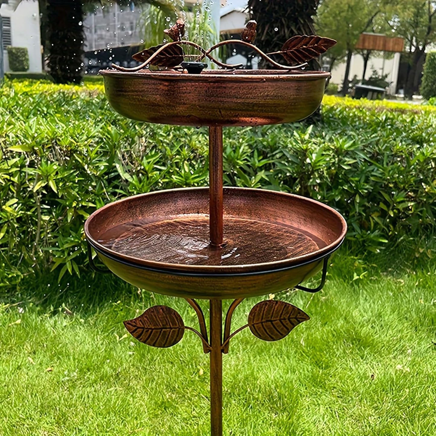 Decorative 2-Tier Bird Bath Feeder with Leaf Design Copper Metal Finish, Garden Stake Style, Outdoor Bird Feeding Station (36.7in*11.8in*9.84in)