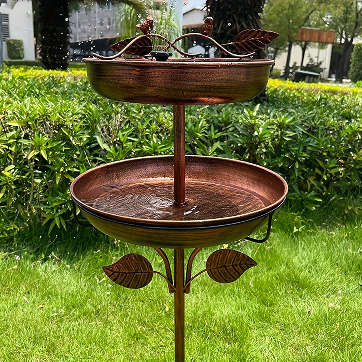 Decorative 2-Tier Metal Birdbath Feeder, Copper Bronze Finish with Lea