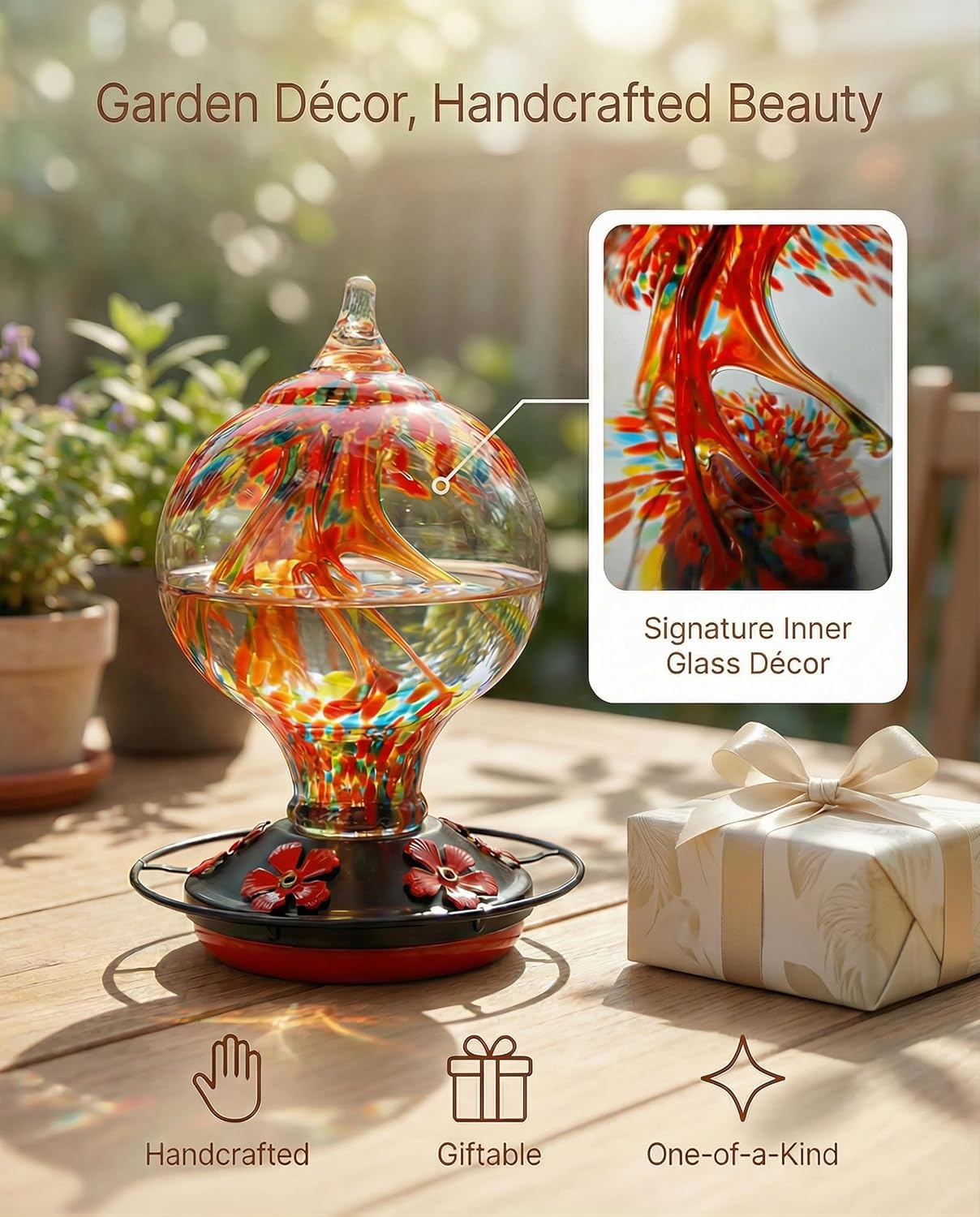 Hummingbird Feeder for Outdoors Hanging, 34 Oz, Hand Blown Gift Inner 