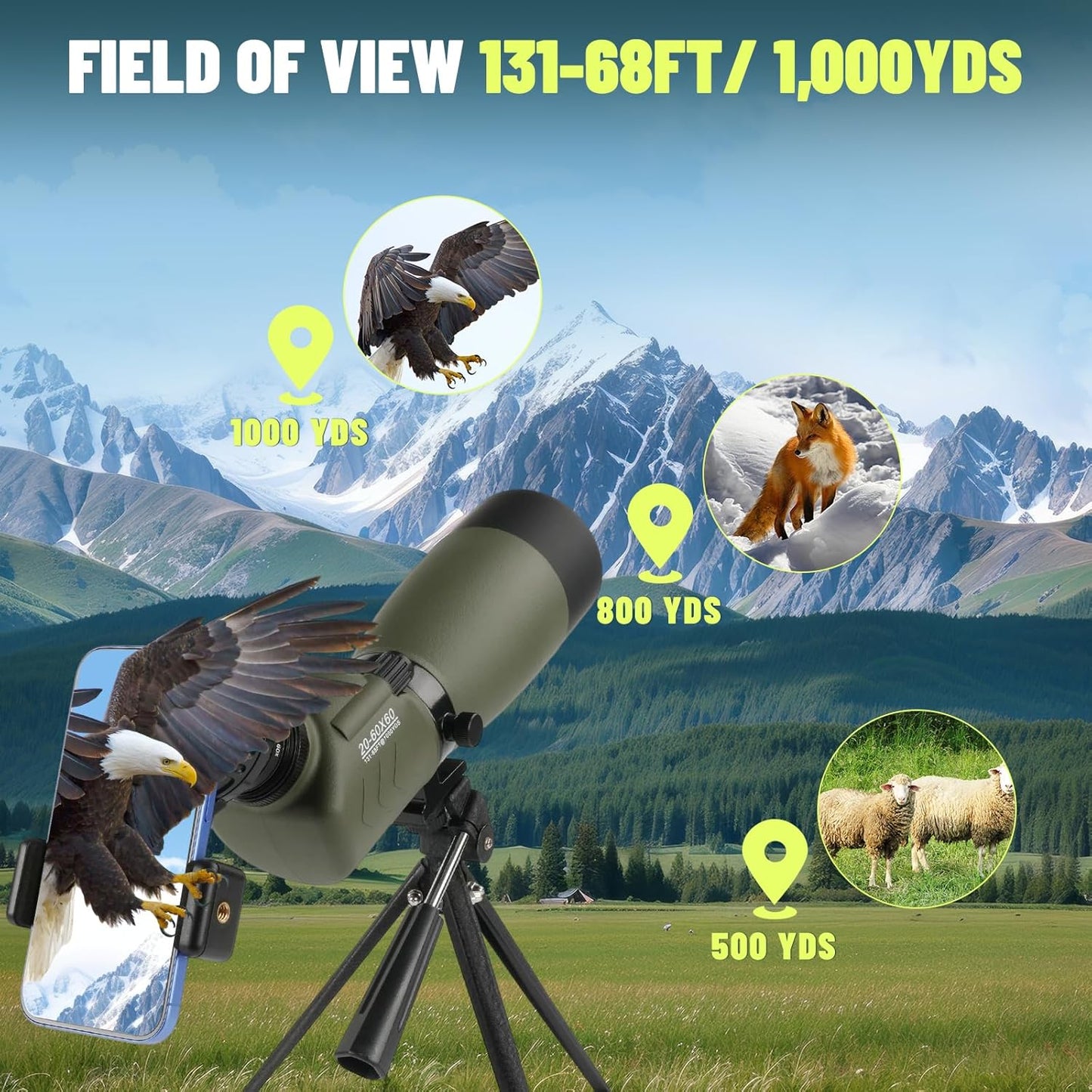 20-60x60 Spotting Scope, IPX7 Floating Waterproof Spotting Scopes for Target Shooting with Tripod BAK4 Prism & FMC Lens, Spotter Scope for Birding Wildlife Viewing, Phone Adapter Carrying Bag, Green