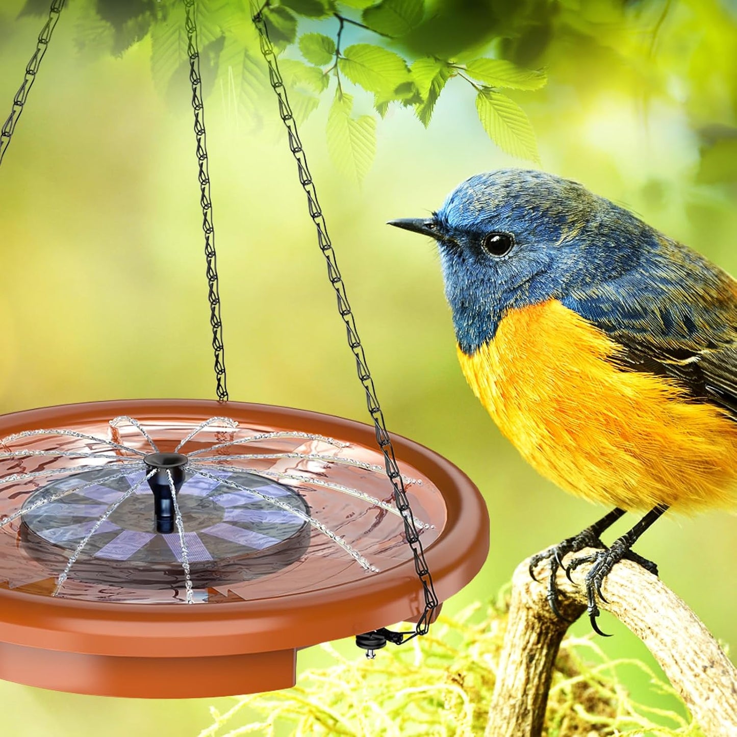 AISITIN 15" Hanging Bird Bath with Solar Fountain, Outdoor Hanging Bird Bath Bowl with 3-Tier Steps, Solar Powered Water Fountain for Bird Bath, Feeder, Drinking, Garden Patio Lawn Backyard