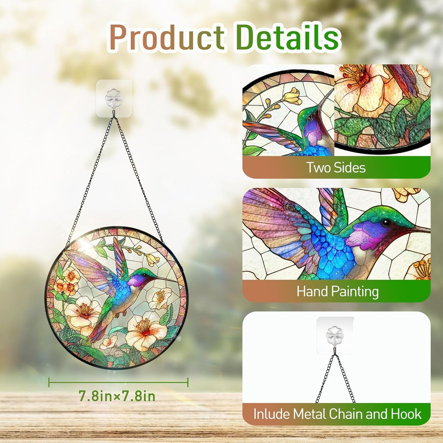 7.8 Inch Stained Glass Window Hanging Hummingbird Flower Sun Catcher Indoor Window Door Wall Yard Home Decor Bird Ornament Colorful Glass Panel Suncatcher Gifts for Women Men Mom Grandma Bird Lovers