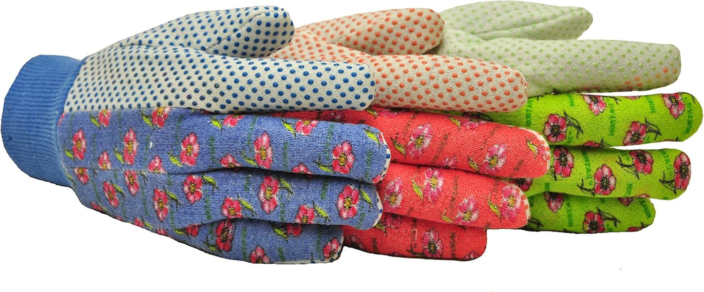 Women's Gardening Gloves, Soft Cotton Jersey, Floral Print, PVC Dot Grip, Comfortable & Durable Multi color Green, Red, Blue