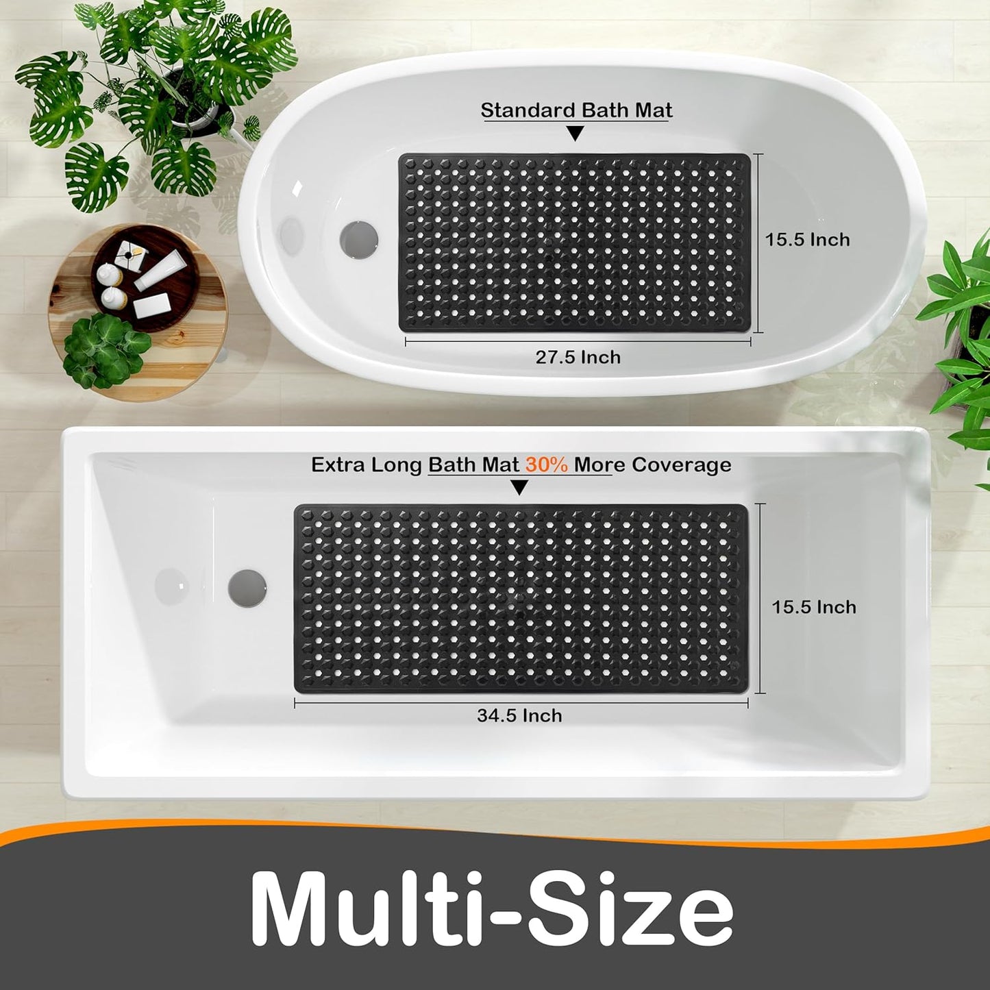 Yimobra Bath Tub Mat Non Slip, 34.5"x15.5" Long Shower Mat, Machine Washable Bathmat with Drain Holes and Suction Cups, Soft on Feet, Bathroom Essentials, Black