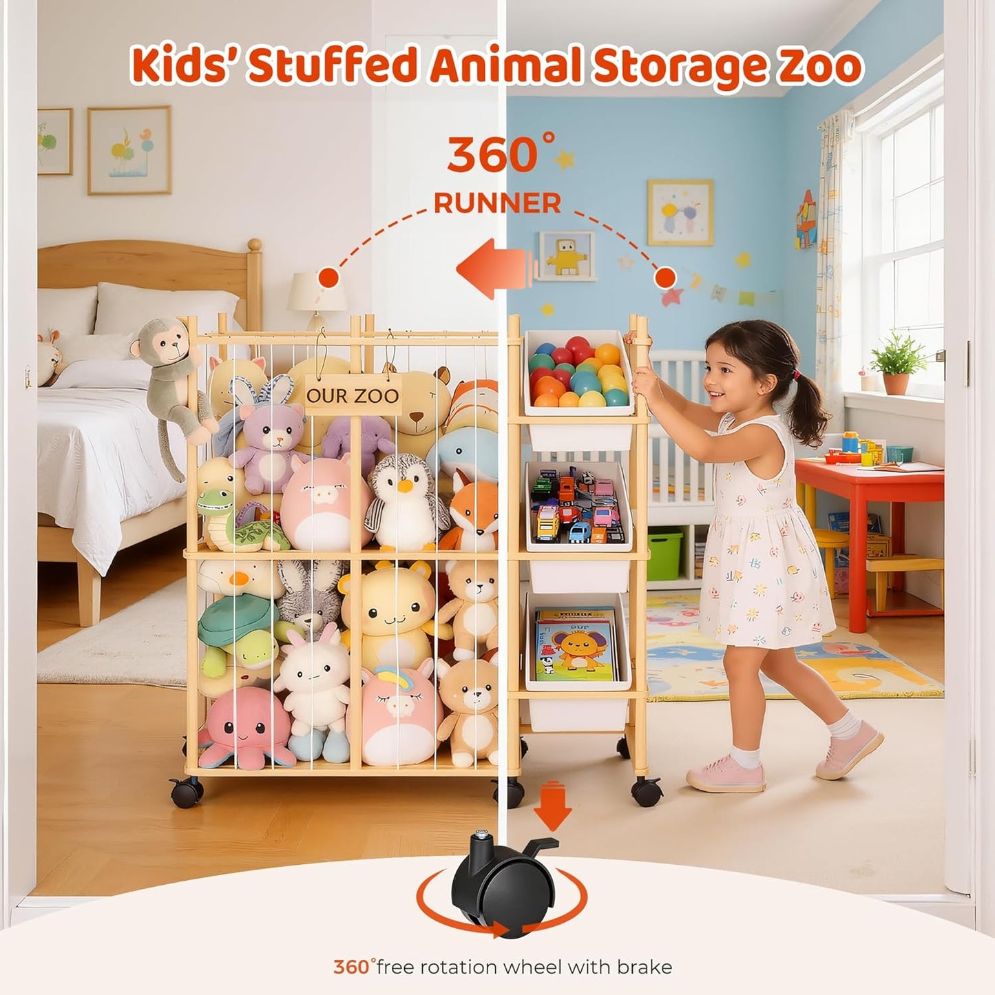 Toy Storage Organizer with 3 Removable Bins, Kids Storage Toy Shelf Or