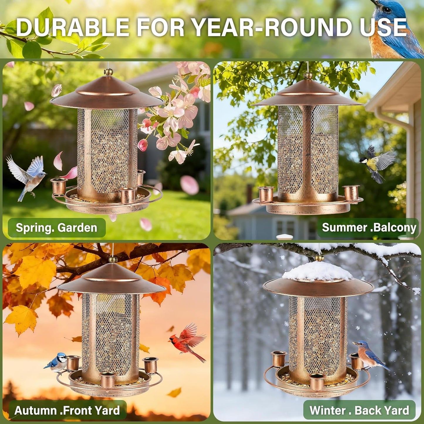 Bird Feeder,Heavy Duty Bird Feeders for Outdoors, Metal Squirrel Proof with 3 Extra Feeding Ports,4 LB Large Capacity Wild Birdfeeder for Outside Hanging Garden Yard Backyard