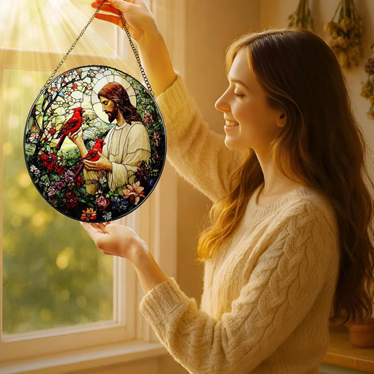 8-Inch Jesus with Cardinals Suncatcher Ornament, Stained Glass Window Hanging & Religious Christmas Ornament, Christian Window Decor — Memorial Gift, Christian Gifts for Her, Religious Gifts