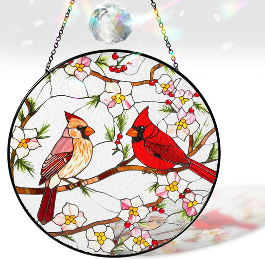 7.8" Cardinal Stained Glass Suncatcher Cardinal Bird Suncatcher Crystal Window Hanging Sun Catcher Red Birds for Window Cardinals Gifts for Women Mom Gift for Mothers Day Bird Decor Memorial Gift
