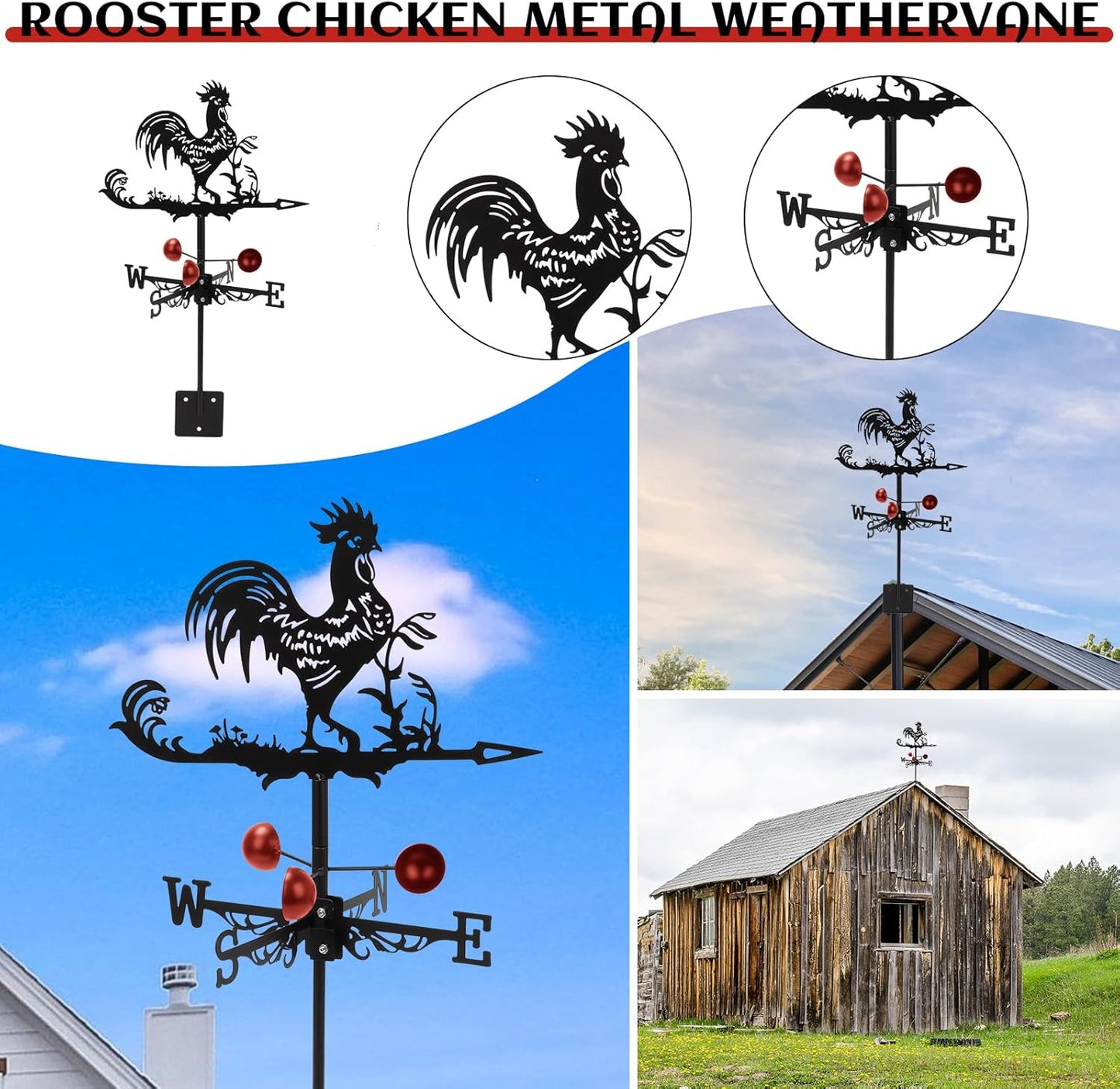 Rooster Weathervane Roof Mount, Rust-Resistant & Durable Metal Wind Direction Indicators, Decor Weather Vane for Yard, Outside, Garden, Shed, Farmhouse & Chicken Coop (Rooster)