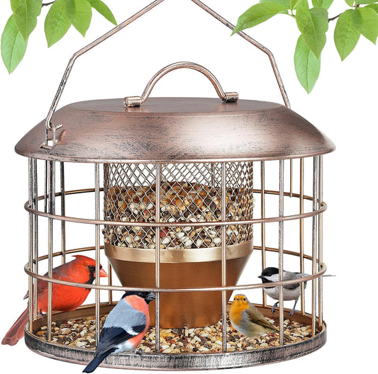 Metal Caged Bird Feeder, Squirrel Proof Bird Feeders for Outdoors Hanging, Wild Birds Feeder for Small Sparrows Finchs, Squirrel Chew-Proof Birdfeeder for Outside Backyard Birding Watching Gifts