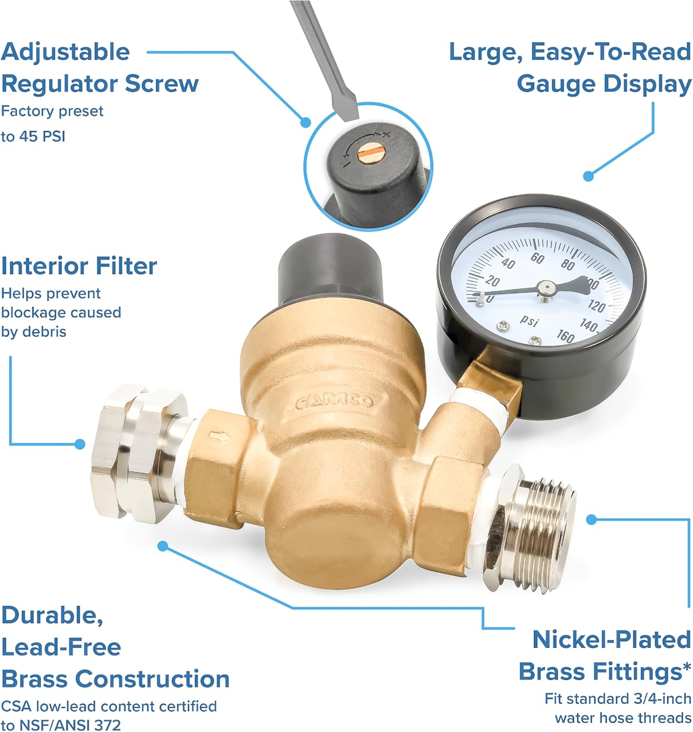 Camco Adjustable RV/Marine Brass Water Pressure Regulator | Help Stop 