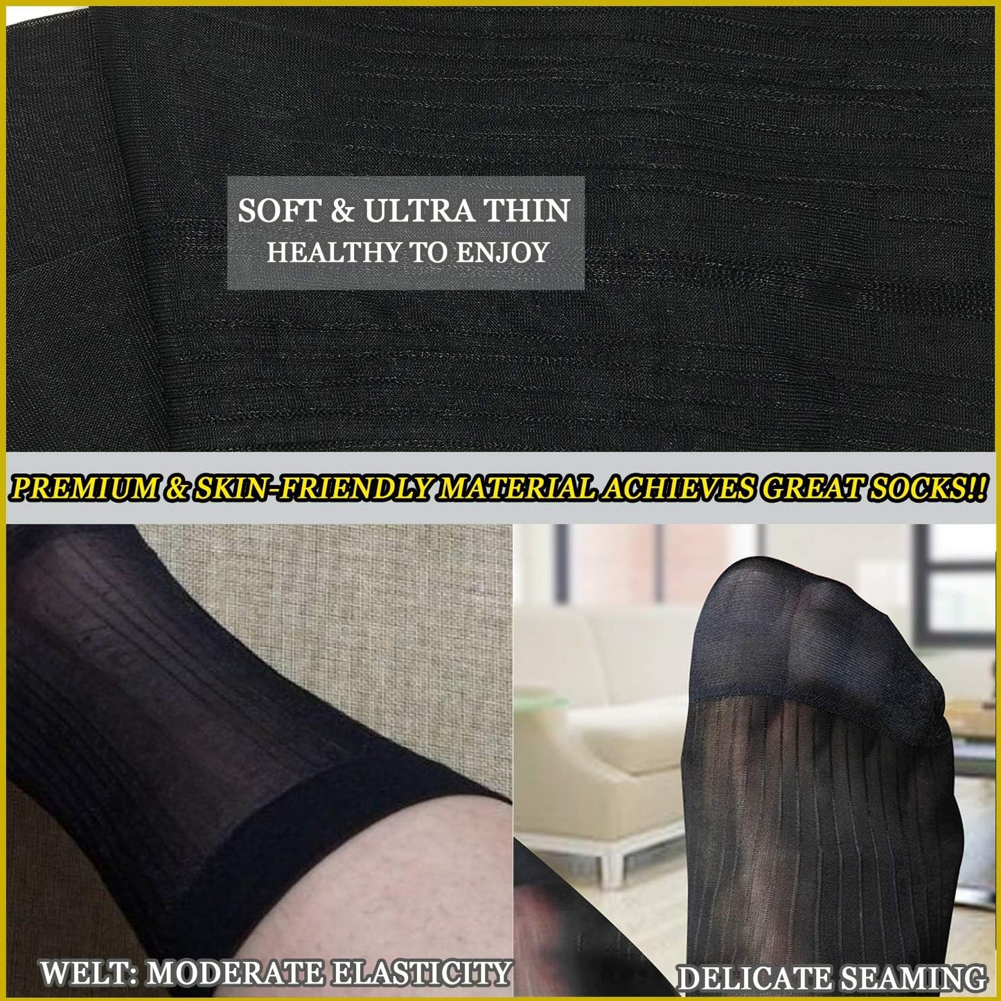 Uaussi 10 Pairs Mens Ultra Thin Dress Socks Silk Sheer Business Socks 