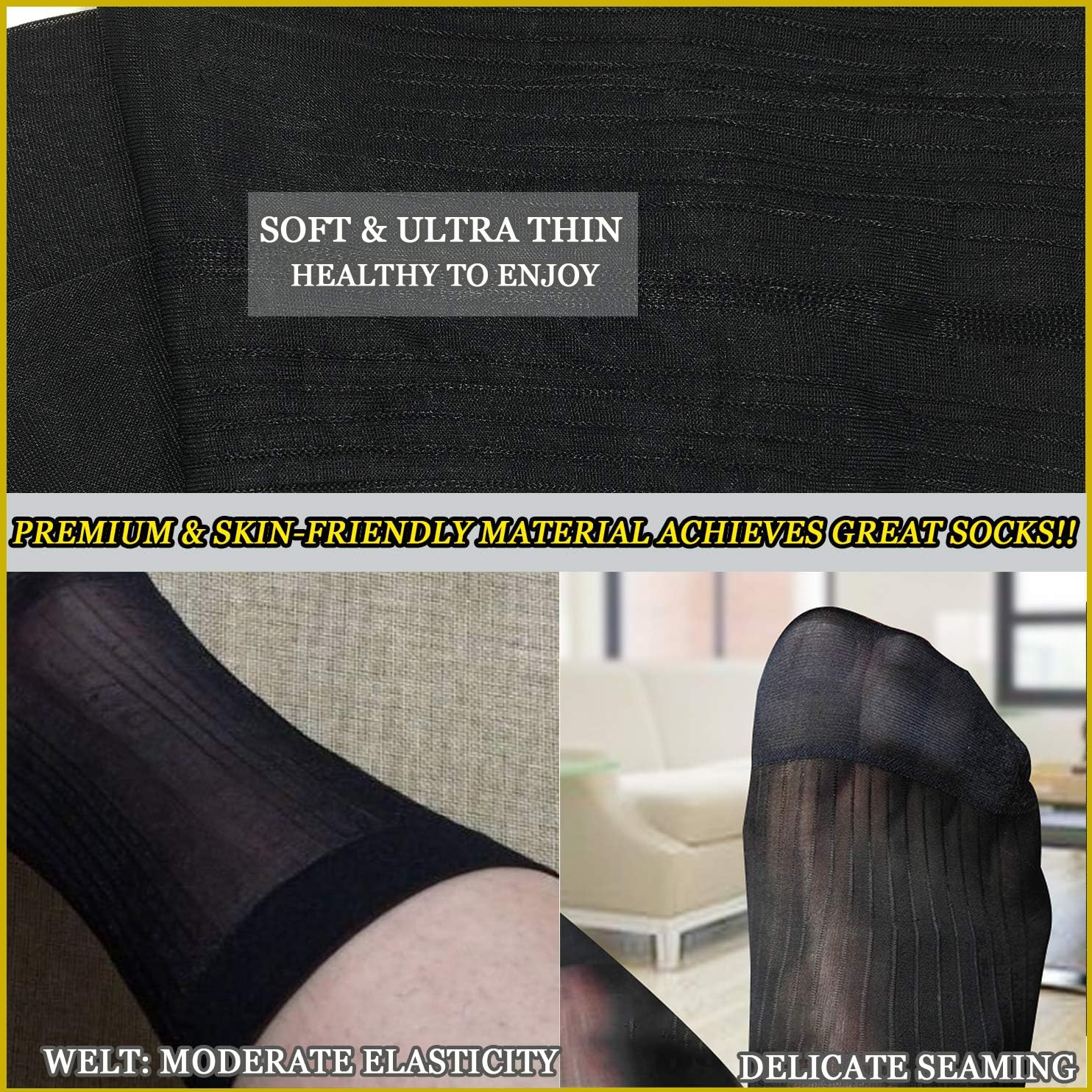 Uaussi 10 Pairs Mens Ultra Thin Dress Socks Silk Sheer Business Socks 