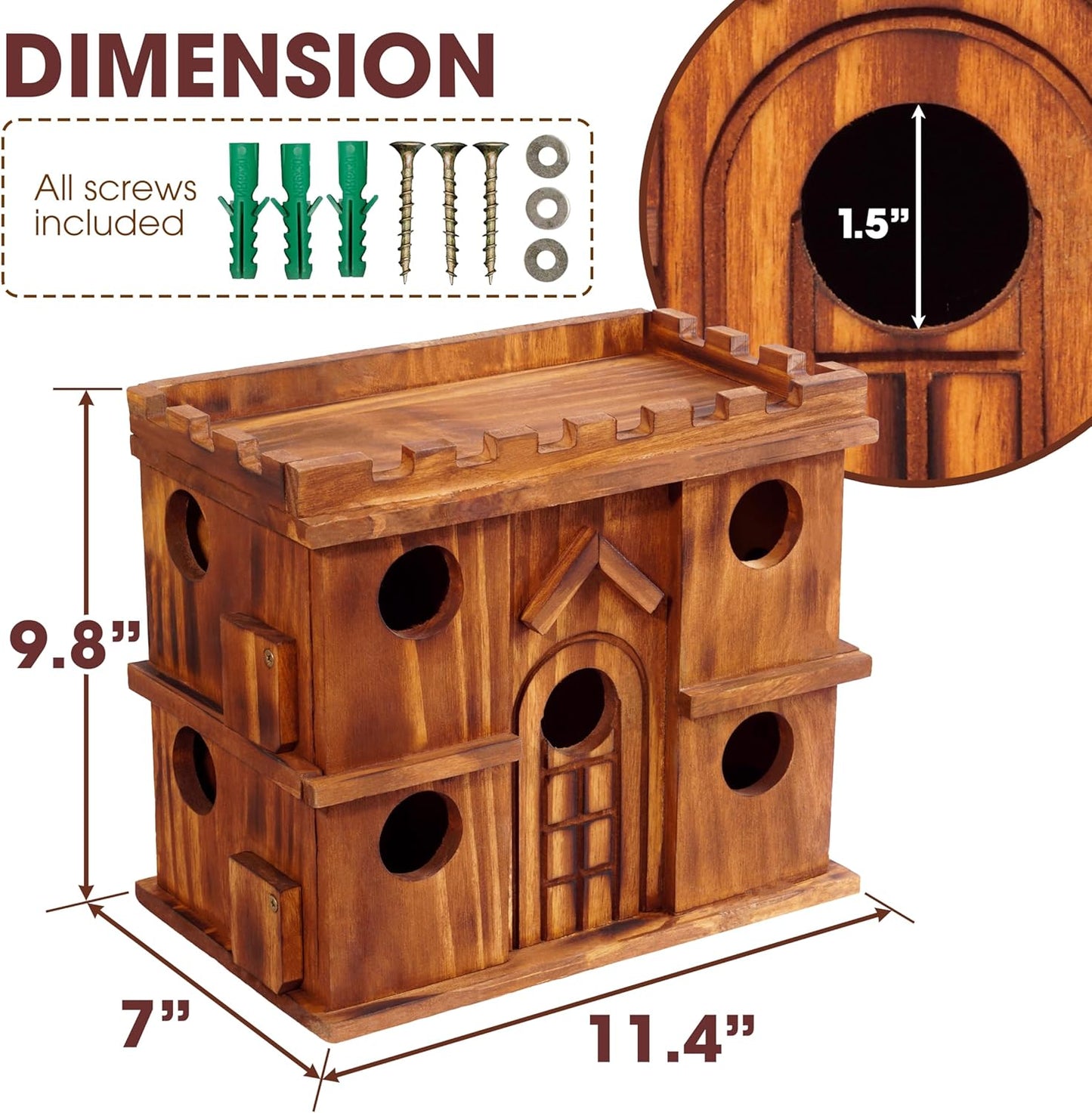 MIXUMON Wooden Bird Houses for Outside – 9 Rooms Large Bird House, Carbonized Pine Rustic Finish, 1.5" Entrance Holes, Cleaning Doors, Outdoor Birdhouse Nesting Box (Rustic, 9 Rooms)