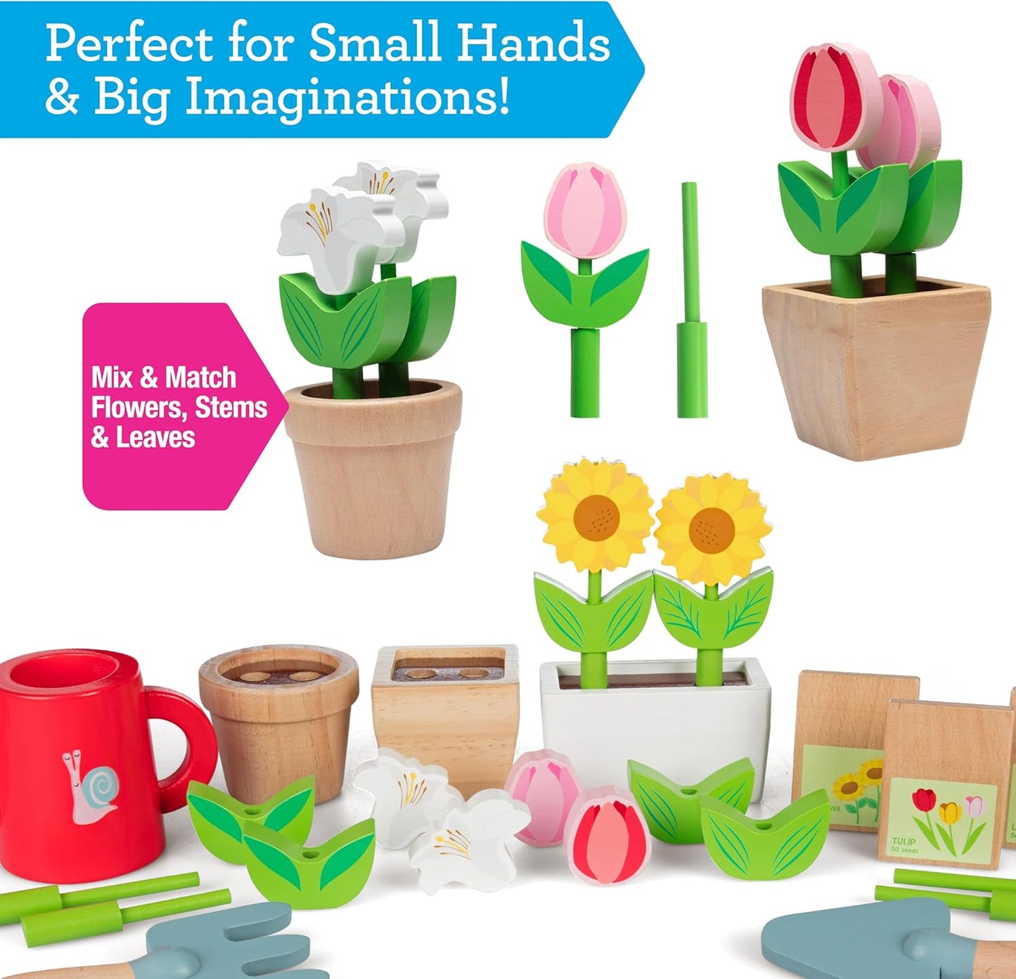 Bloom & Grow Gardening Center Wooden Toy Indoor Playset- Kids Easter Gift- 22 Pc Garden Stand Set w Flowers, Seed Packet, Pots Shovel Rake Apron Watering Pot- Interactive Fun Pretend Playtime Activity