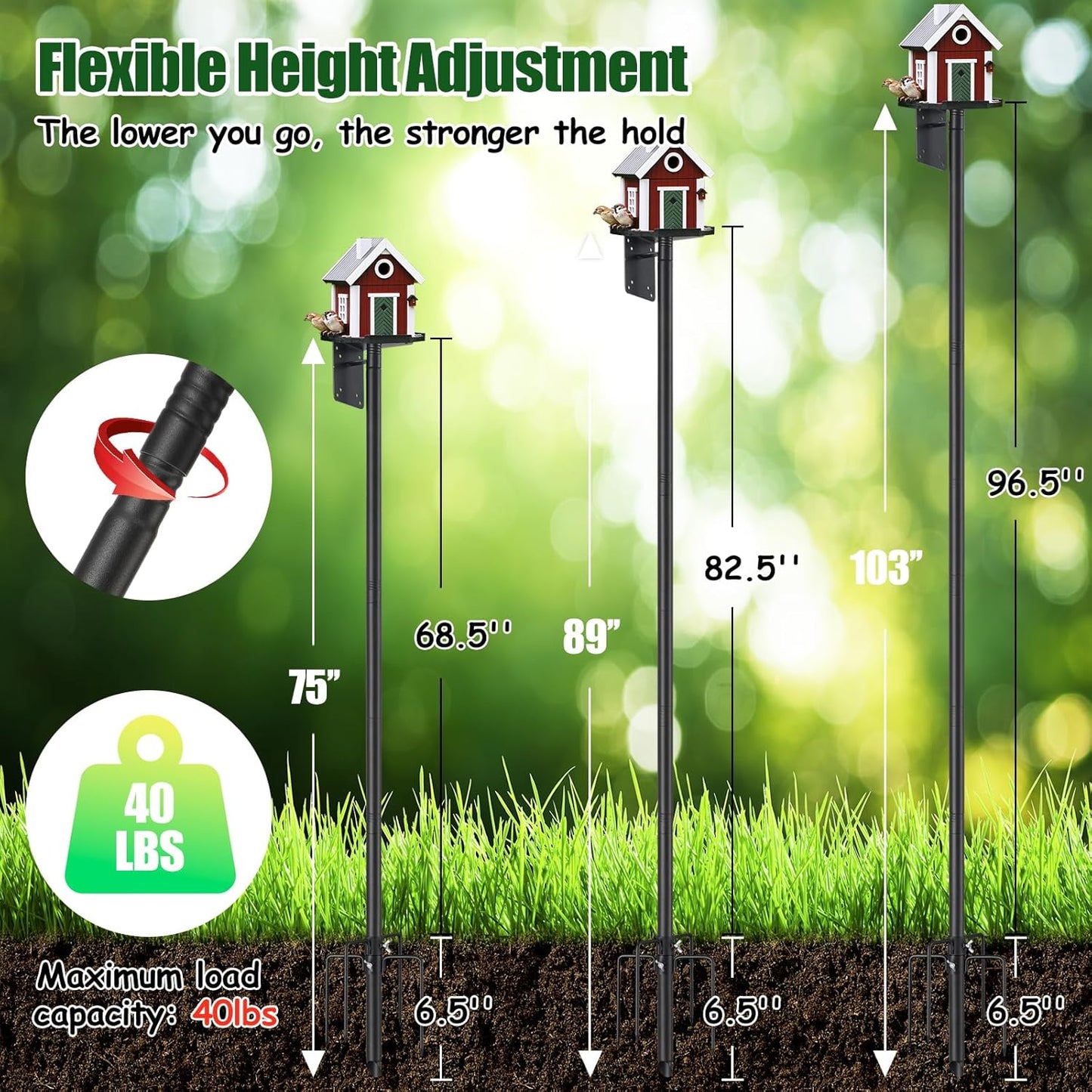 Heavy Duty Bird Feeder Pole - 103" Extra Tall Bird House Stand Outdoor, Anti-Tip Stakes & Stable Mount for Smart Camera Birdfeeder,Bluebird House, BirdBuddy, Birdfy