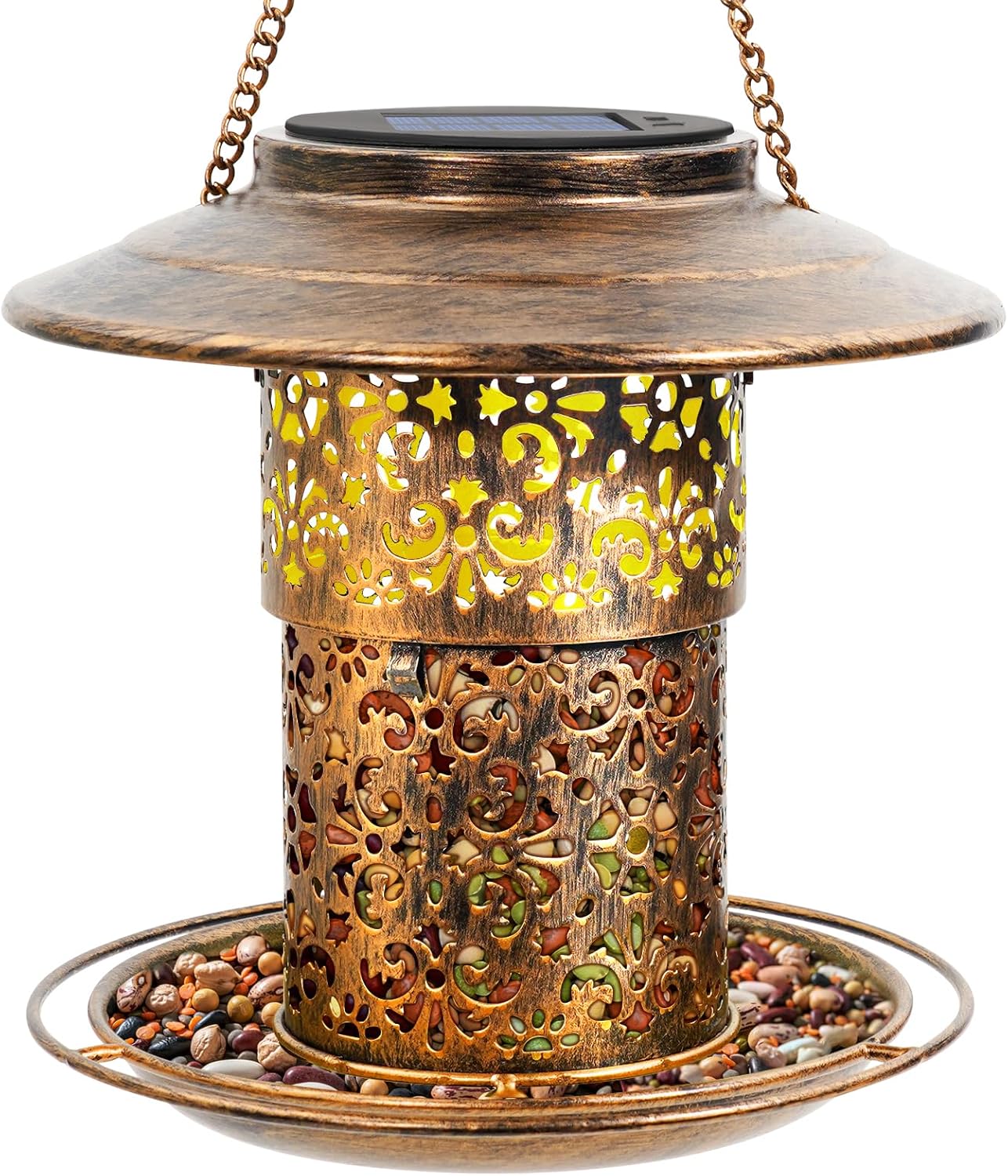 Metal Bird Feeder for Outdoor Hanging, Large Capacity Solar Wild Bird Feeder with Drainage Holes,Landing Ring, Solar Lanterns for Garden Decoration, Unique Bird Watching Gift for Outside