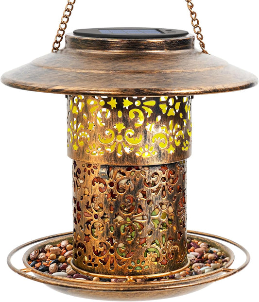Metal Bird Feeder for Outdoor Hanging, Large Capacity Solar Wild Bird Feeder with Drainage Holes,Landing Ring, Solar Lanterns for Garden Decoration, Unique Bird Watching Gift for Outside