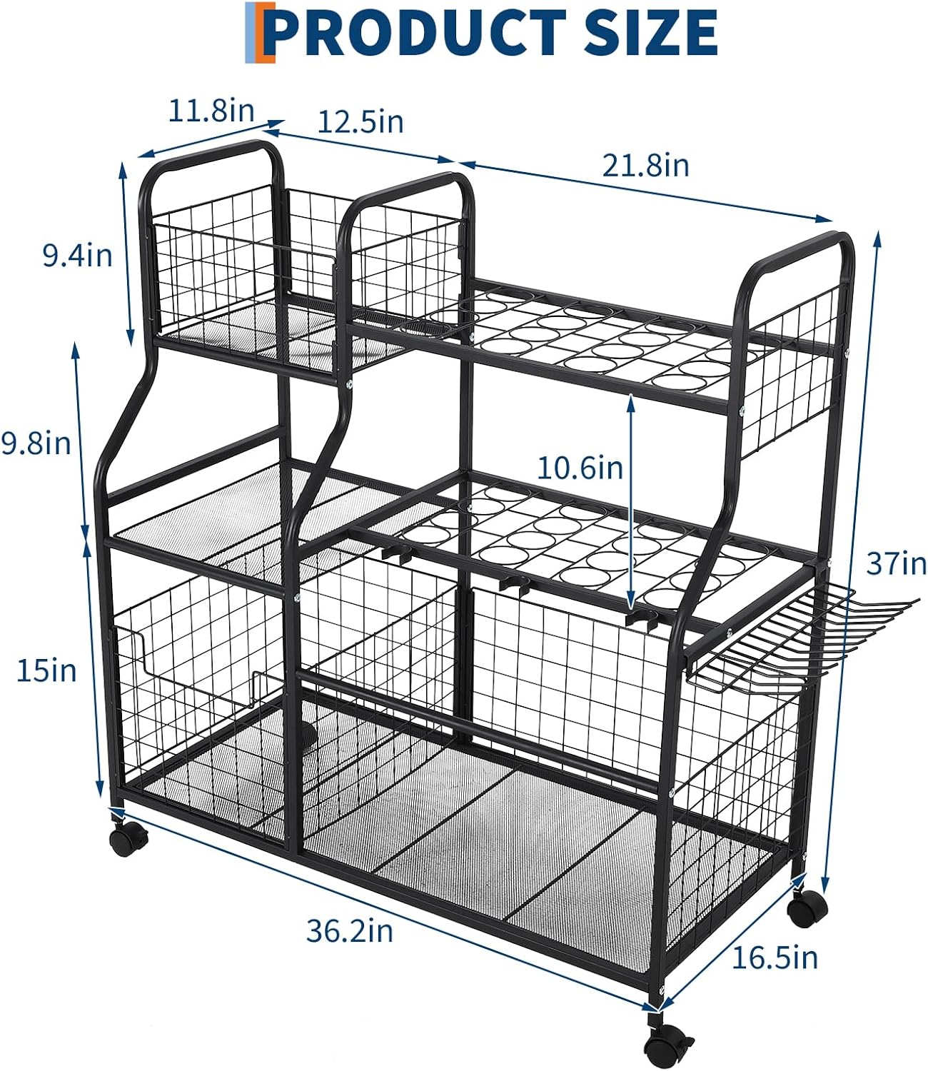 GarveeLife Garden Tool Organizer With Wheels & Basket,Yard Storage Rack with 6 Shelves,Freestanding Garage Tool Organizer for Yard Shed and Lawn