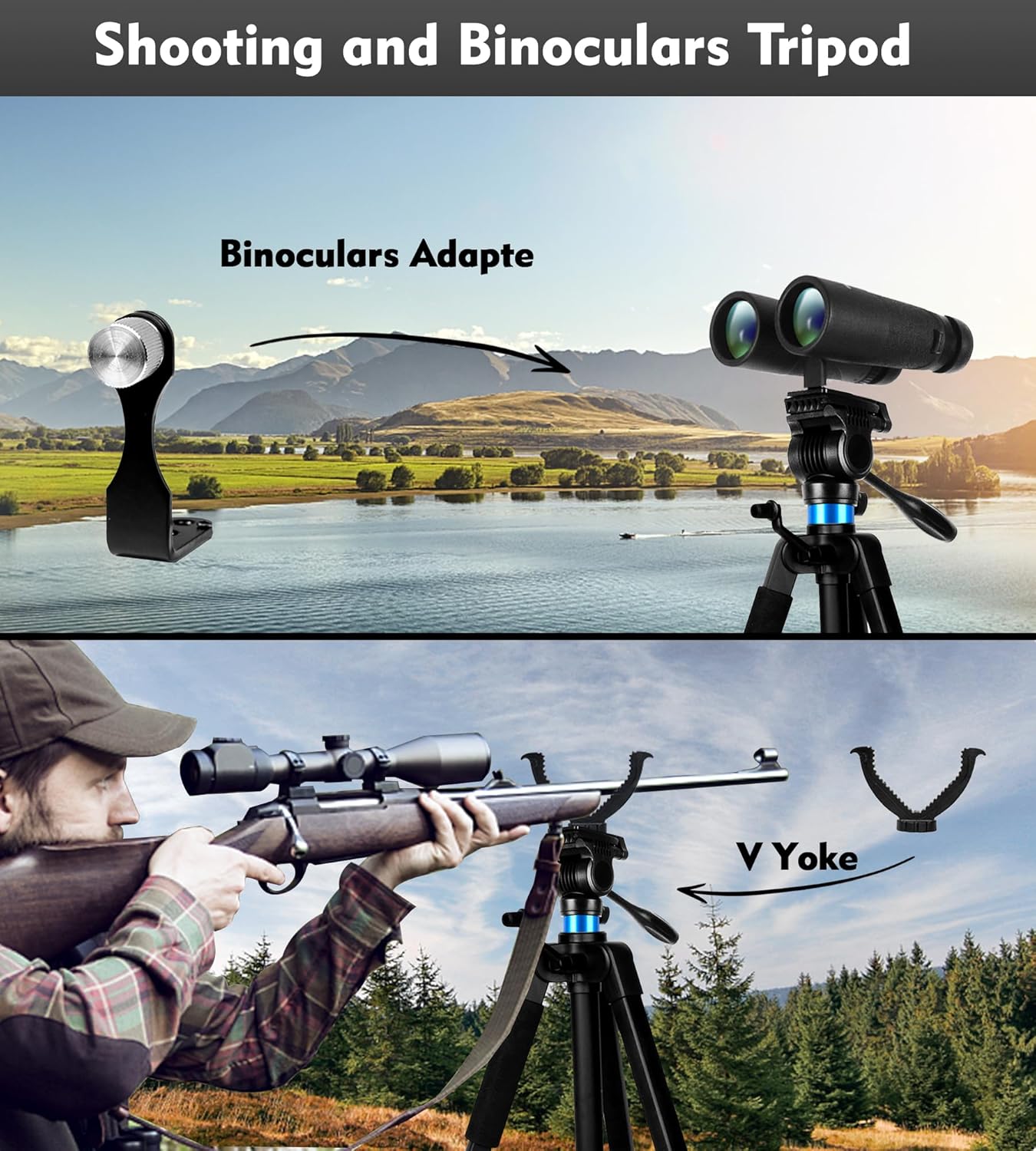 72.4 inch Spotting Scope and Binoculars Heavy Duty Tripod, Shooting Hunting Rest V Yoke Stand with Binoculars Adapter, Compatible with Monocular/Astronomical Telescope/DSLR Camera/Projector(Load 22Lb)