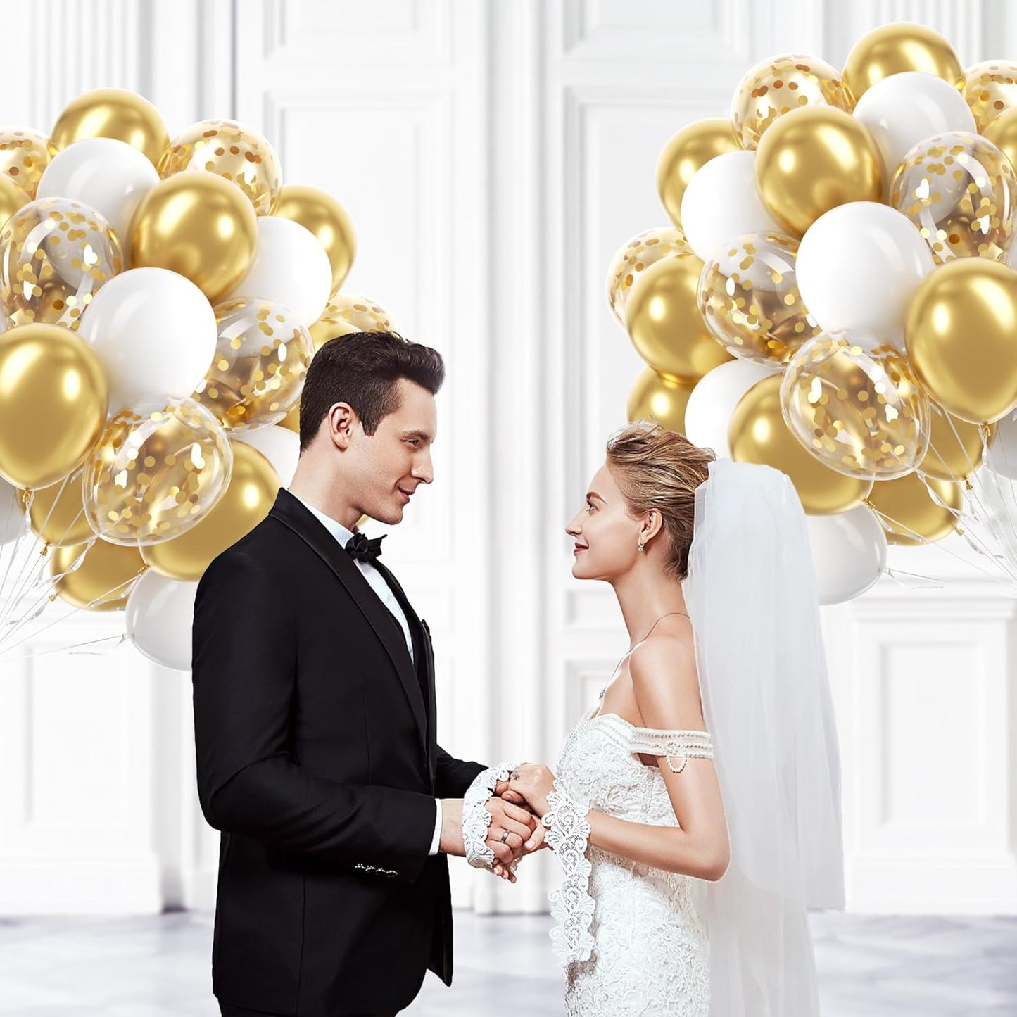 60pcs Gold and White Balloons 12inch, White and Gold Balloons with Met