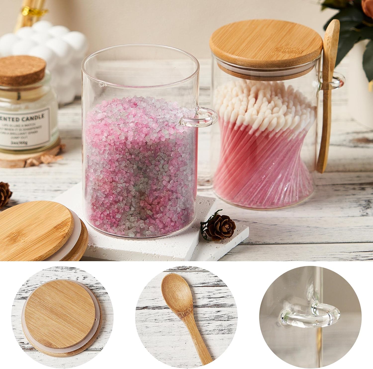 Glass Sugar Container with Spoon - 2 Pack 15oz Glass Jars with Bamboo 