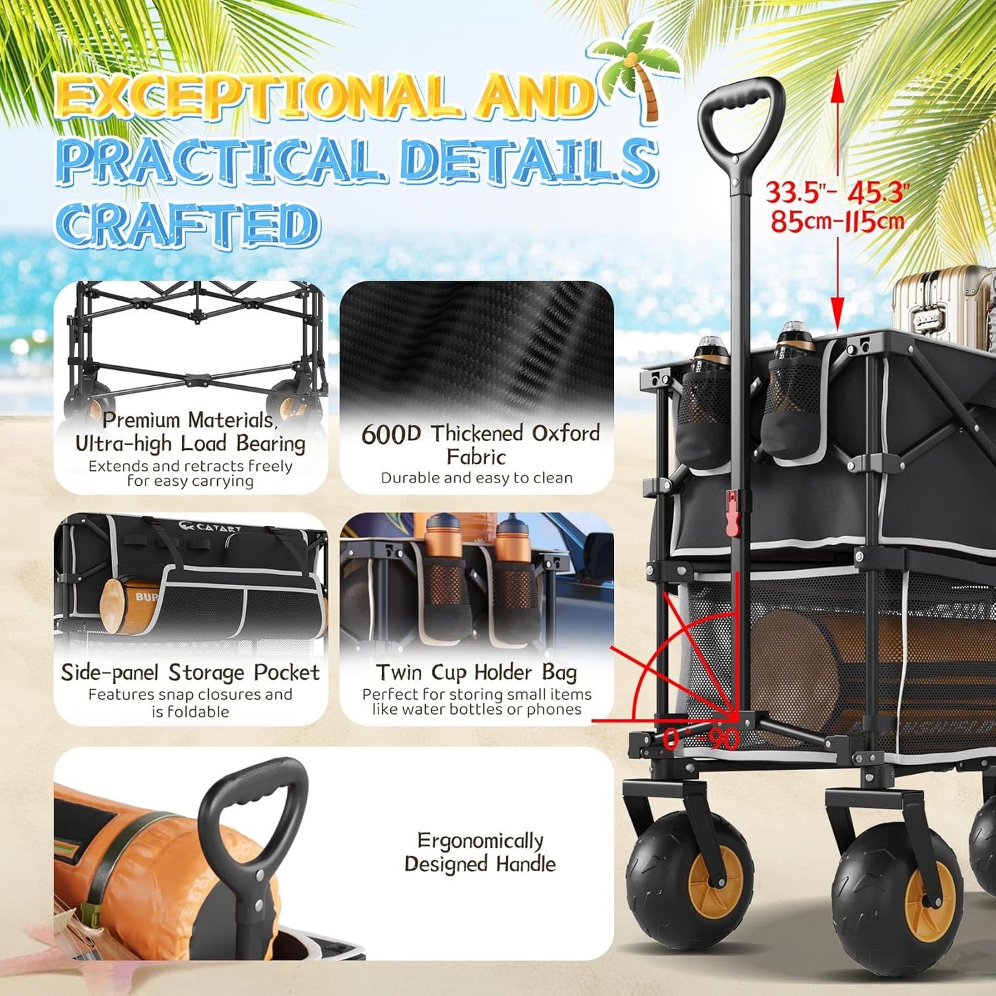 𝐔𝐩𝐠𝐫𝐚𝐝𝐞 Beach Wagon with Big Wheels for Sand, Double-Layer, 9" PVC All-Terrain Wheel, 500 lb Load Capacity, Oversized 400L, for Beach, Camping, Garden & Outdoor Sports (Black)