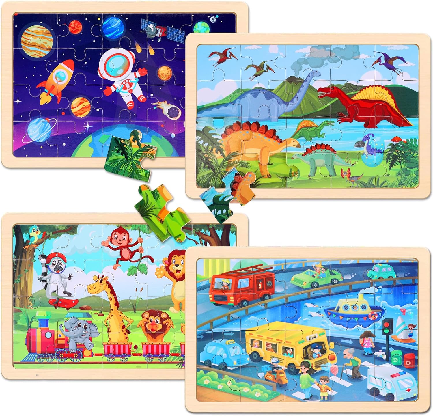 Wooden Educational Jigsaw Puzzles for Preschool Kids Ages 3-5, 4-Pack 