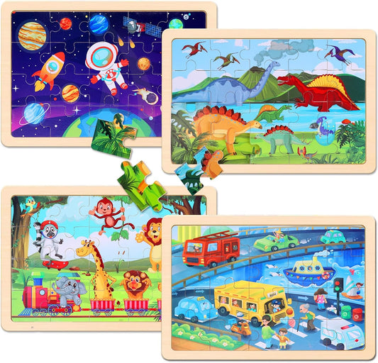 Wooden Educational Jigsaw Puzzles for Preschool Kids Ages 3-5, 4-Pack 