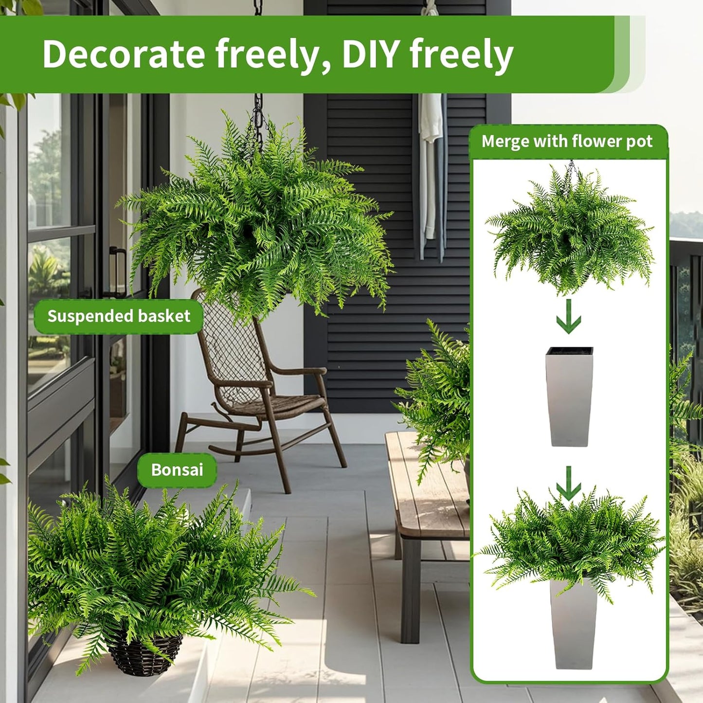 2PCS Fake Hanging Plant- Boston Ferns UV Resistant Plastic Plants - Perfect for Outdoor Décor with Lifelike Beauty (Persian-Green)