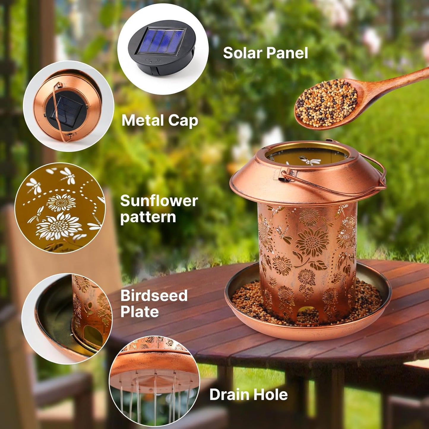 Bird Feeders for Outdoors Hanging Metal Wild Bird Feeder Solar Lanterns Outdoor Waterproof Decor Garden Gifts for Women Mom Bird Lovers,Decoration for Yard,Patio,Porch,Balcony