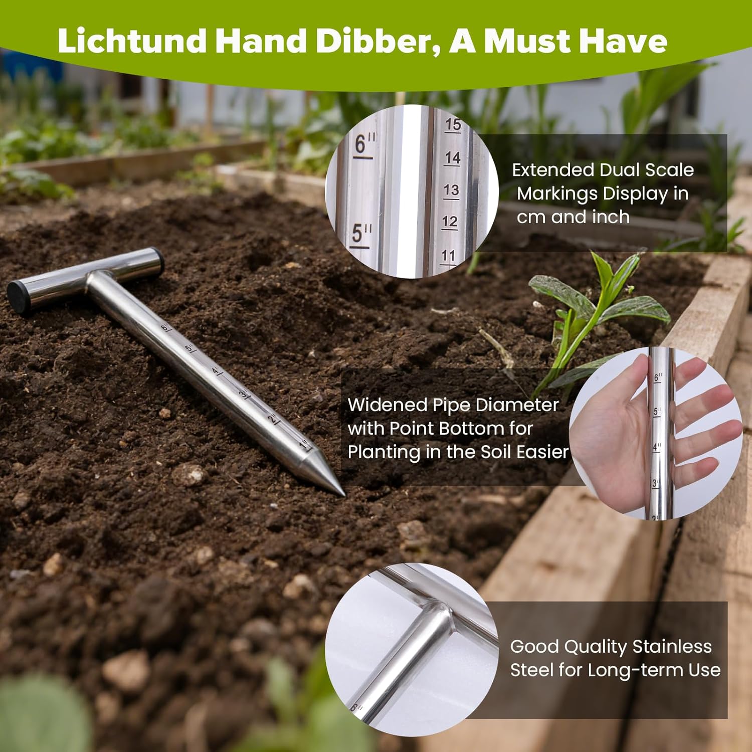 Dibbler Gardening Tool Stainless Steel, Hand Dibber Seed Planter Tool,