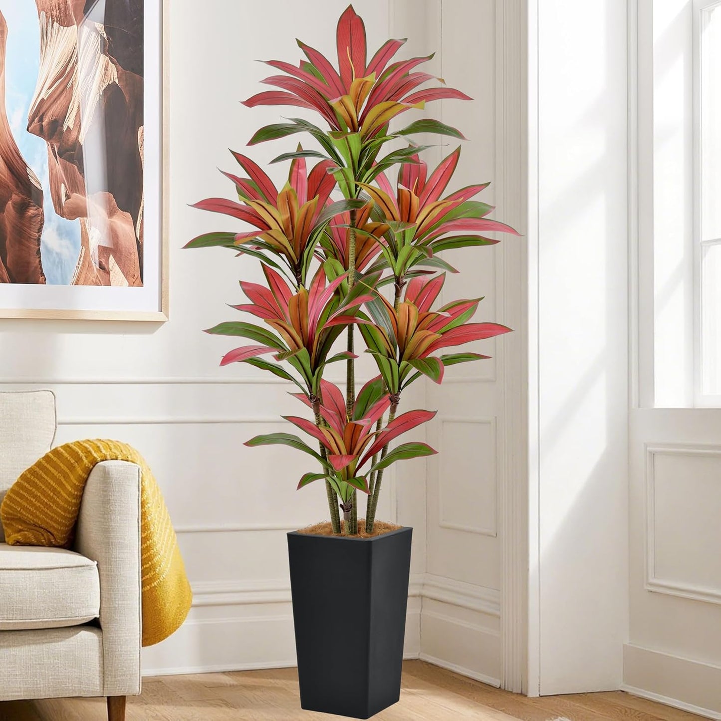 Artificial Red Dracaena Tree 6FT with 114 Leaves & 7 Heads & Black Tall Planter Cover with Coconut Fiber Tall Faux Tropical Silk Bicolor Plant 72 Inch for Indoor Home Office Porch Mall Decor