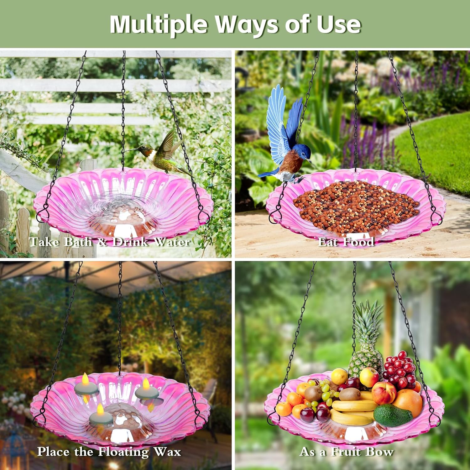 MUMTOP Hanging Bird Bath-Bird Baths for Outdoors - 12 Inch Glass Bird 