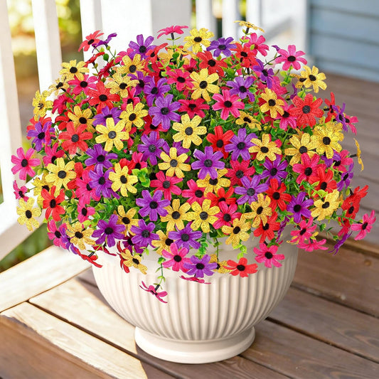 Weldomcor Artificial Flowers Plants for Outdoors 8 Bundles Fake Silk Colorful Daisy Spring Summer Decoration, Faux Greenery Boxwood UV Resistant Outside Decor for Home Garden Porch Yard Pots Planters