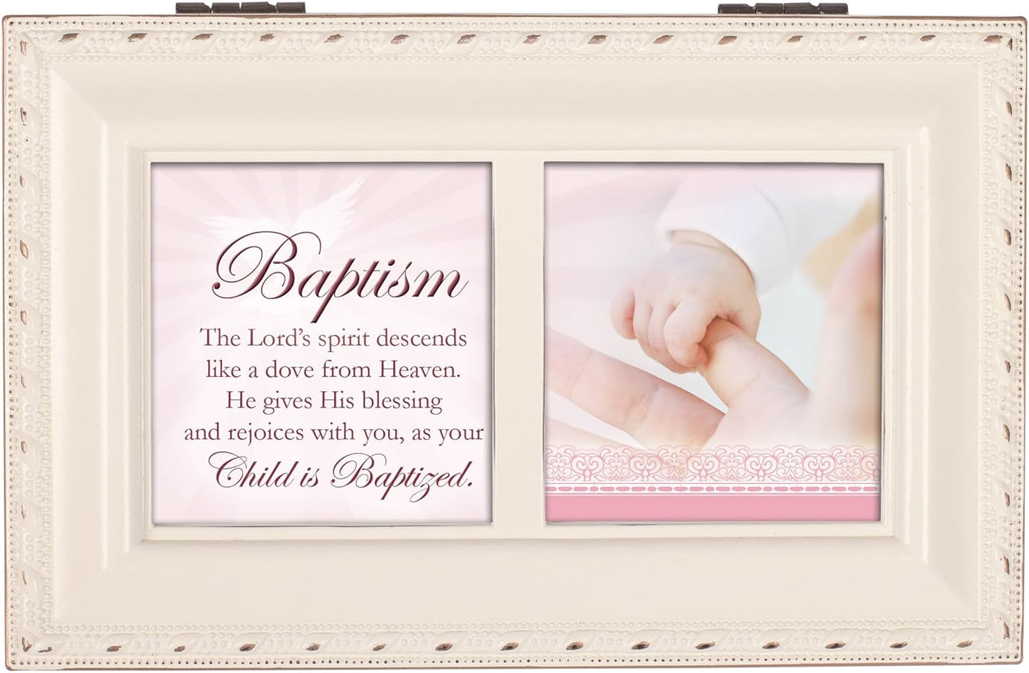 Cottage Garden Baptism Spirit Descends Like a Dove Matte Ivory Jewelry Music Box Plays Jesus Loves Me